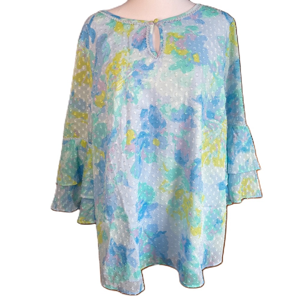Isaac Mizrahi Women’s Blue Abstract Floral Textured Bell Sleeve Blouse Size 16